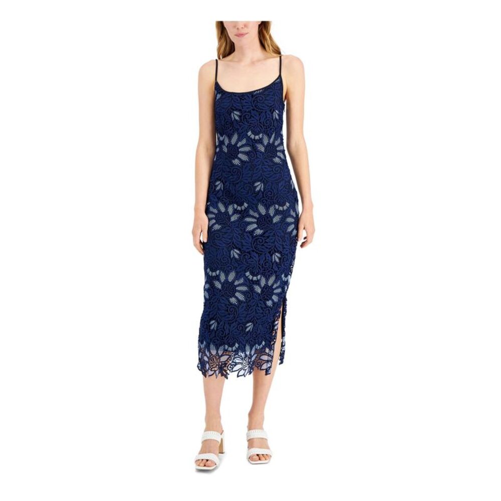 DONNA KARAN Womens Navy Lined Slit Side Seam Spaghetti Strap Midi Sheath Dress 4